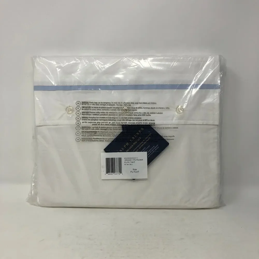 Ralph Lauren Organic Cotton Percale Palmer Full Flat Sheet White Pale Sky Blue